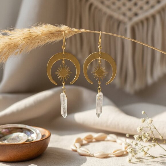 Gold Crescent Moon Sun Earrings Raw Clear Quartz Crystal Celestial Boho Witchy - Picture 8 of 10